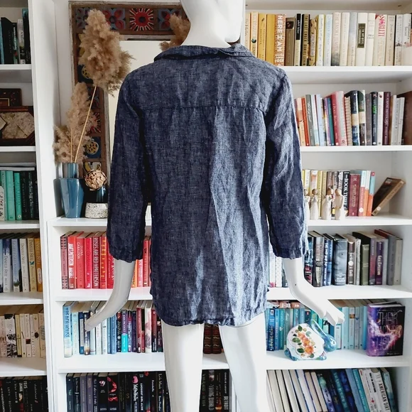 Tahari Blue Relaxed Sleeve Pure Linen Boho V Neck Lagenlook Tunic Blouse P4044 - Picture 5 of 6